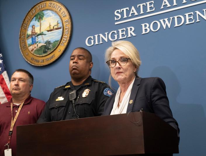 Ginger Madden, the state attorney for the first judicial circuit of Florida, announces the indictment of Matthew Banks on four first-degree felonies and one third-degree felony during a press conference on Wednesday, April 5, 2023.