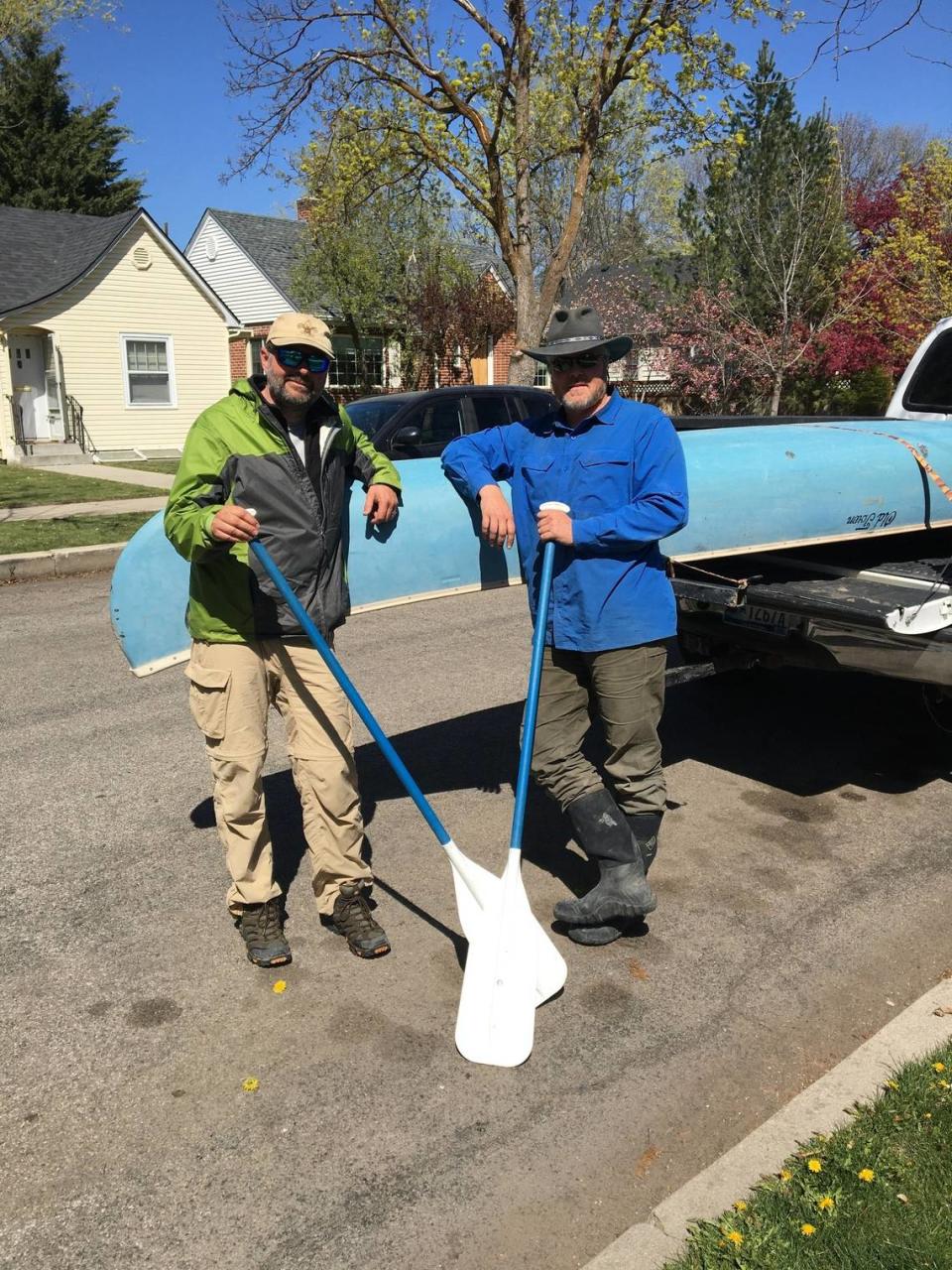 The adventurers return on Saturday, April 17, 2021. The author, left, and Josh Lunn rest on “Old Blue,” the trusty 1975 Old Town canoe that did not flip once on the 206-mile journey on the Snake River Water Trail, from Glenns Ferry, Idaho, to Farewell Bend State Park, Oregon.