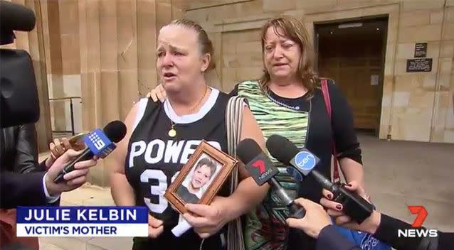 Julie Kelbin was clearly devastated outside court following the decision to release her son's alleged killer from custody. Source: 7 News