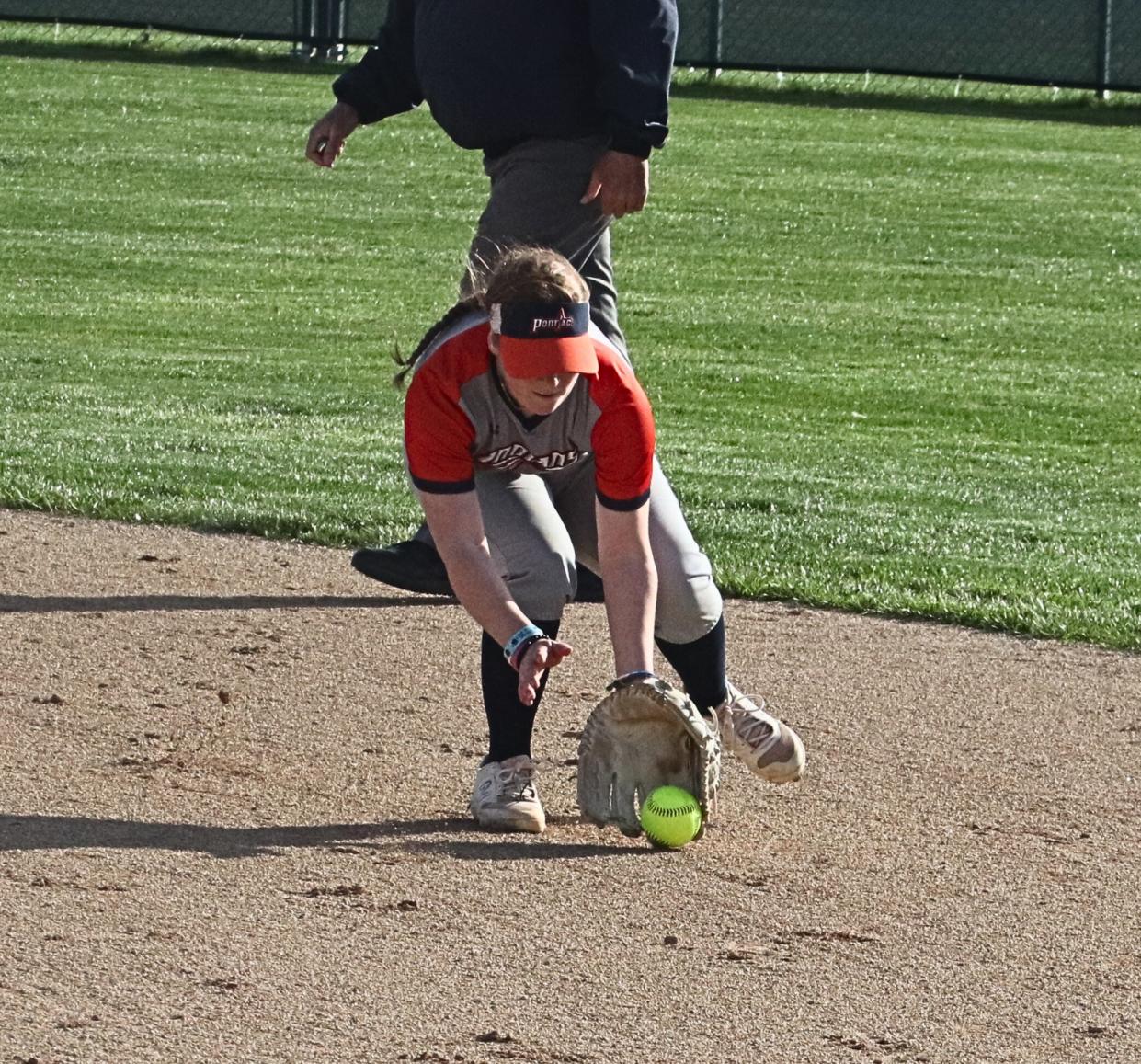 Kendall Pitchford fields a grounder at second base in Pontiac's 10-0 win over Illinois Valley Central.