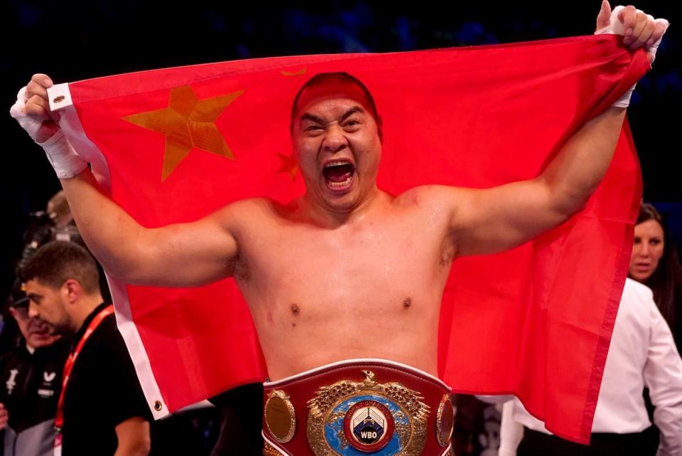 Upset: China’s Zhilei Zhang will now target a full world title shot with the WBC interim title (PA)