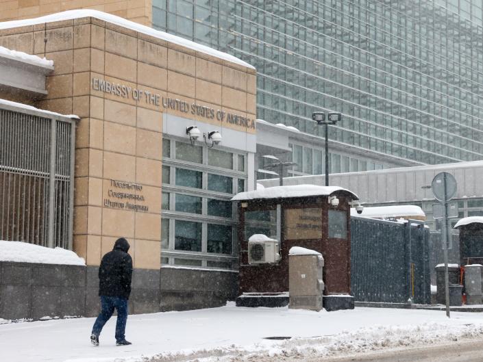 view of the US Embassy on Novinsky Boulevard on the day Russia&#39;s Foreign Minister Sergei Lavrov and US Secretary of State Antony Blinken are scheduled to meet for security talks in Geneva.