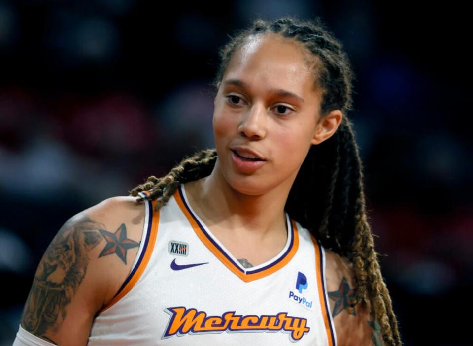 Brittney Griner #42 of the Phoenix Mercury stands on the court as the Las Vegas Aces shoot free throws during Game Two of the 2021 WNBA Playoffs semifinals at Michelob ULTRA Arena on September 30, 2021 in Las Vegas, Nevada. (Photo by Ethan Miller/Getty Images)