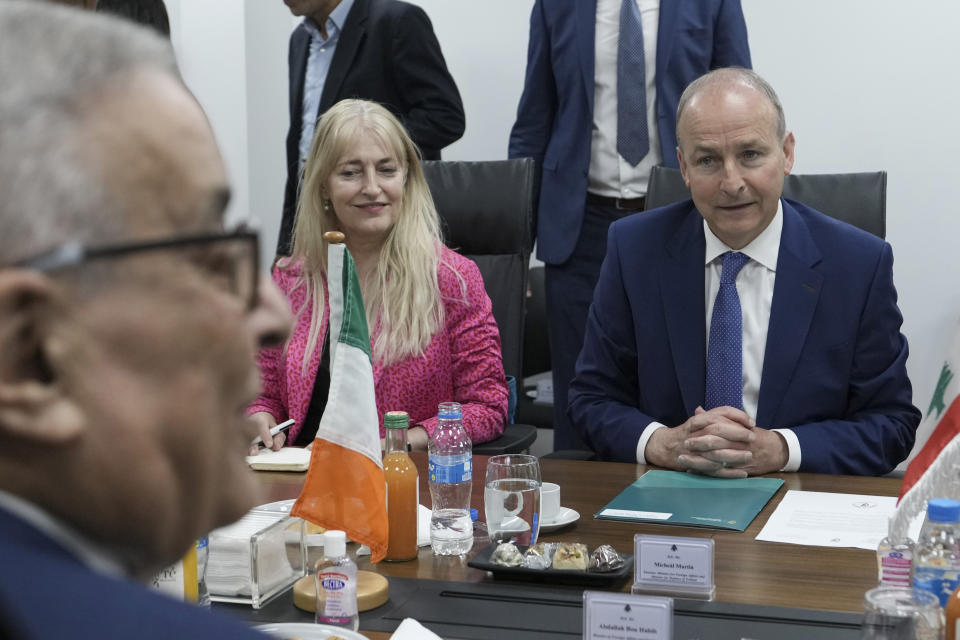 Lebanese Foreign Minister Abdallah Bouhabib, left, meets with Ireland's Deputy Prime Minister and Foreign Minister Micheal Martin, right, in Beirut, Lebanon, Monday, May 20, 2024. (AP Photo/Hassan Ammar)