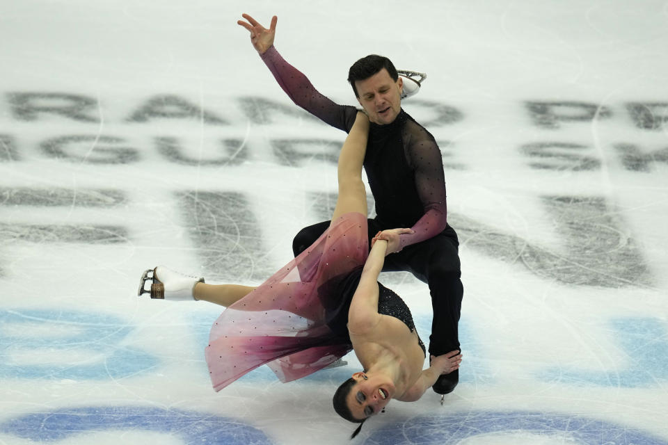 Silver medalists Italy's Charlene Guignard and Marco Fabbri compete in the Ice Dance Final for the ISU Grand Prix of Figure Skating Final held in Beijing, Saturday, Dec. 9, 2023. (AP Photo/Ng Han Guan)