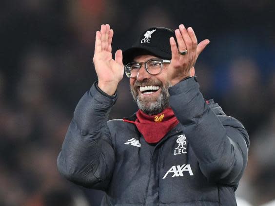 Jurgen Klopp celebrates after Liverpool’s win against Crystal Palace (EPA)