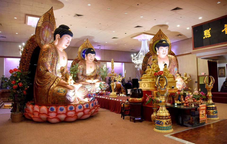 Statues of the temple's patron Buddhas sit inside of the Jinyin Temple of Sino Esoteric Buddhism in Bushkill on Saturday, Feb. 16, 2019.