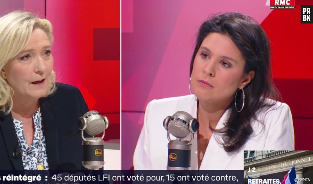 Face à face tendu entre Apolline de Malherbe et Marine Le Pen sur BFMTV le mercredi 12 avril 2023 - BFMTV