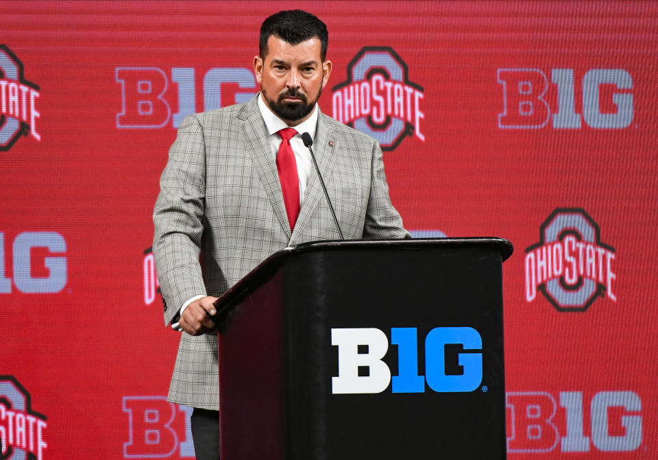 July 26, 2023; Indianapolis, Indiana; Ohio State Buckeyes head coach Ryan Day speaks to the media during the Big 10 football media day at Lucas Oil Stadium. Robert Goddin-USA TODAY Sports