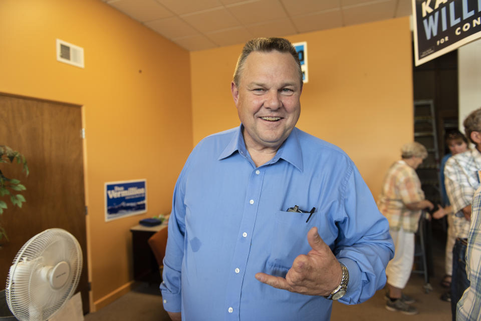 LIVINGSTON,MT-JULY 21: Montana Senator Jon Tester (D) meets with constituents and supporters at the Democratic Party office in Livingston, MT on July 21, 2018. Tester is running against Republican Matt Rosedale in the 2018 elections to retain his senate seat. Tester grows organic peas on a 1800 acre farm in Big Sandy, MT. When he was 9 years old he lost three fingers on his left hand while working in his family butcher shop. (Photo by William Campbell-Corbis via Getty Images)