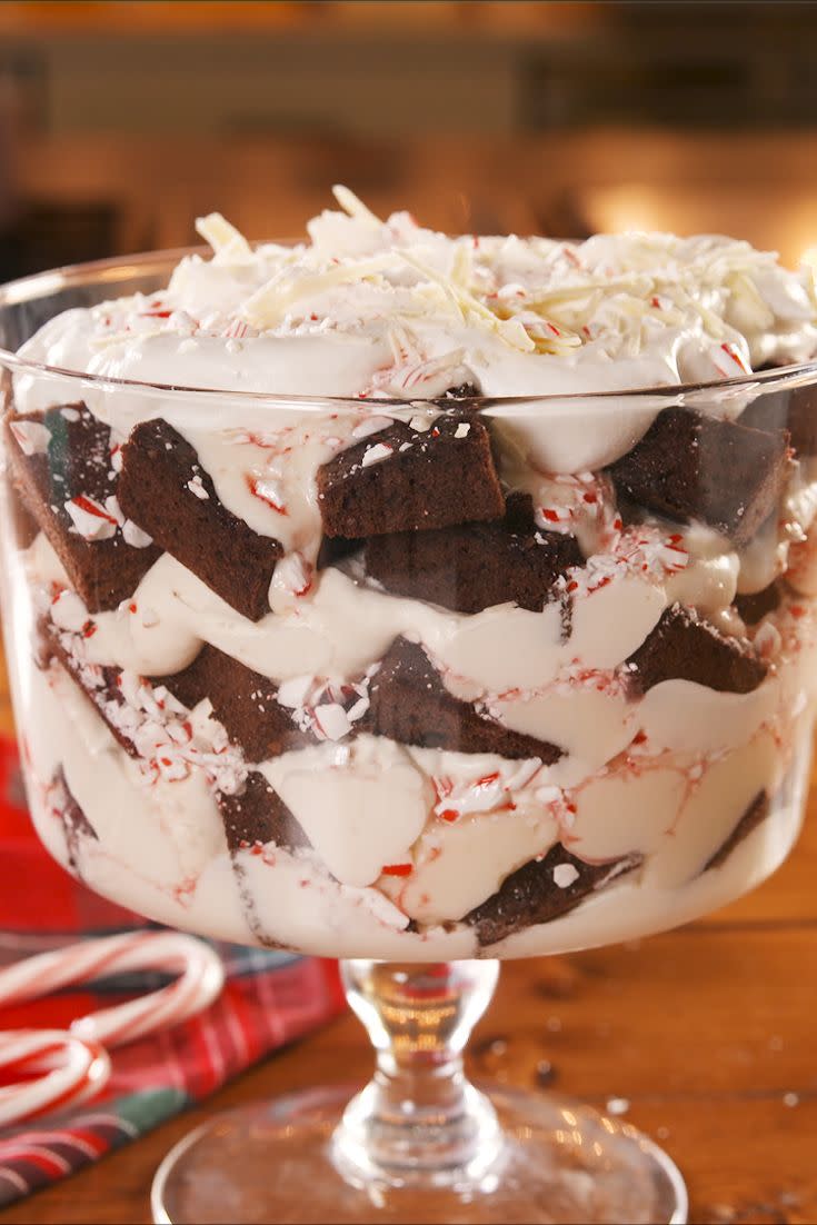 <p>Layers of brownie, candy canes, and white chocolate. </p><p>Get the recipe from <a href="https://www.delish.com/holiday-recipes/christmas/a30222189/peppermint-bark-trifle-recipe/" rel="nofollow noopener" target="_blank" data-ylk="slk:Delish;elm:context_link;itc:0;sec:content-canvas" class="link ">Delish</a>. </p>