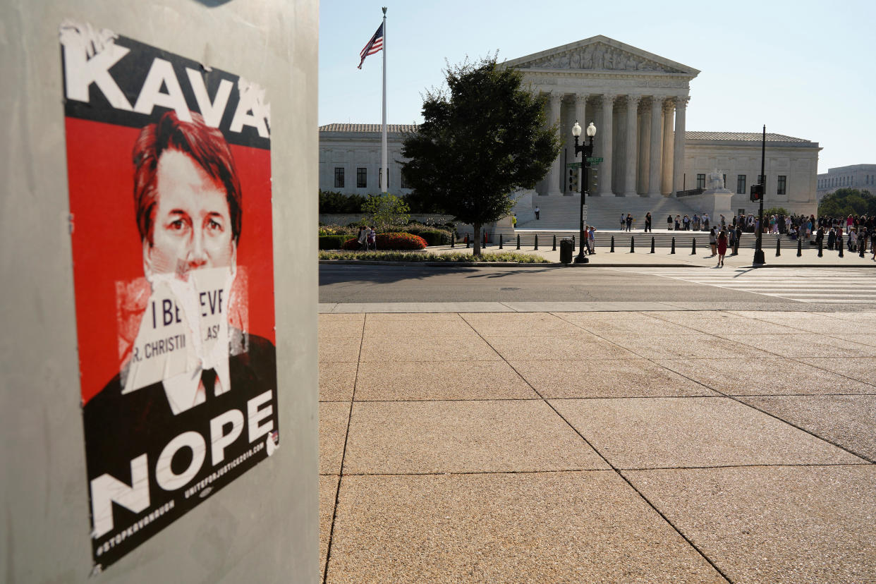 A sign against Supreme Court nominee Brett Kavanaugh is seen across from the court on Oct. 1, 2018. (Photo: Aaron Bernstein/Reuters)