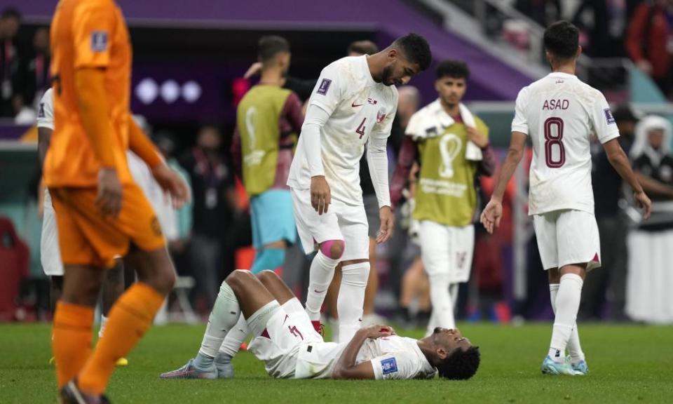 Qatar’s players react at the end of the match with the Netherlands, having set the record for worst performance by a host nation at a World Cup since it began in 1930.