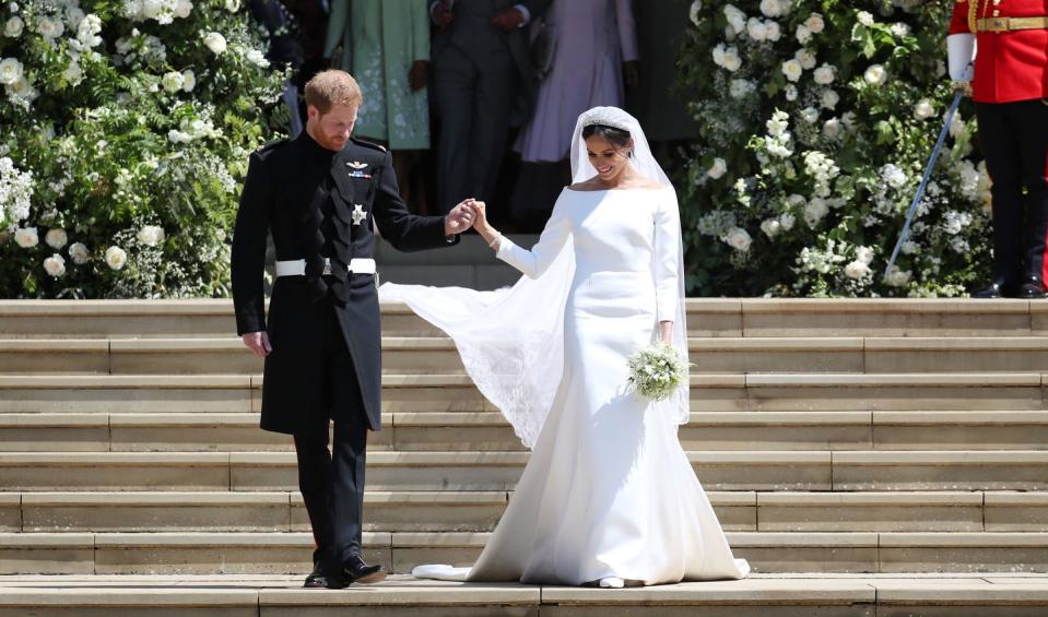 <p>Meghan wore a bateau-neck gown created by Givenchy and designed by British designer Clare Waight Keller, the first female designer of the French fashion house, to get married to Prince Harry.</p>