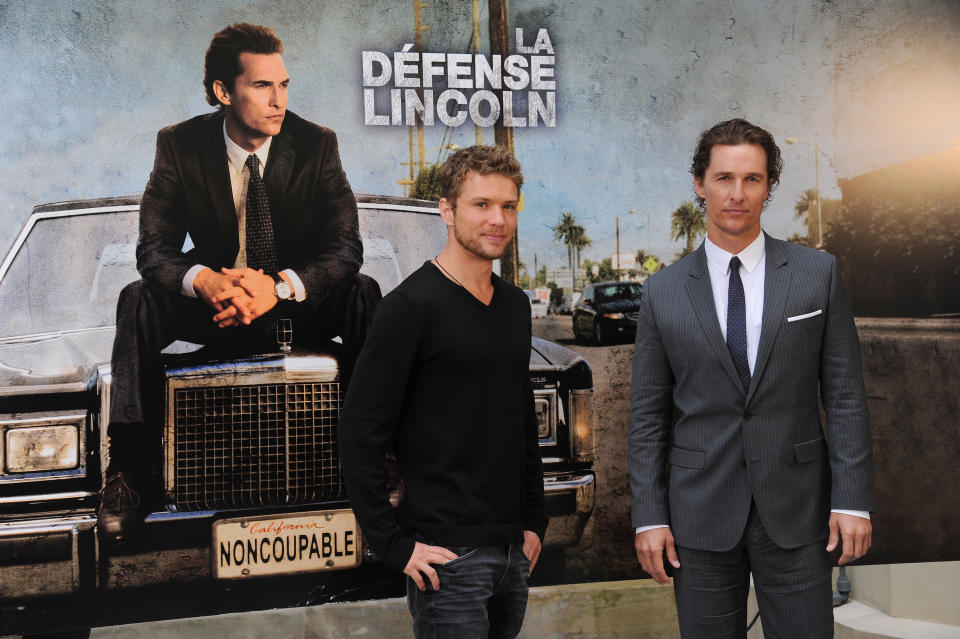 Ryan Phillippe (L) and Matthew McConaughey (R) pose during 'Lincoln Lawyer' Photocall, in Paris. (Photo by Stephane Cardinale/Corbis via Getty Images)
