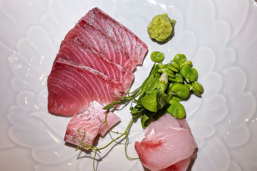 An overhead photo of rockfish and yellowtail sashimi from Yess Restaurant in the Arts District.