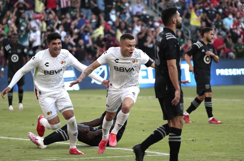 Jonathan Rodriguez of Liga MX celebrates after scoring a first-half goal against the MLS All-Stars