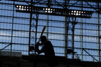 Houston Astros right fielder Kyle Tucker prepares to take batting practice for baseball's World Series Monday, Oct. 21, 2019, in Houston. The Houston Astros face the Washington Nationals in Game 1 on Tuesday. (AP Photo/Matt Slocum)