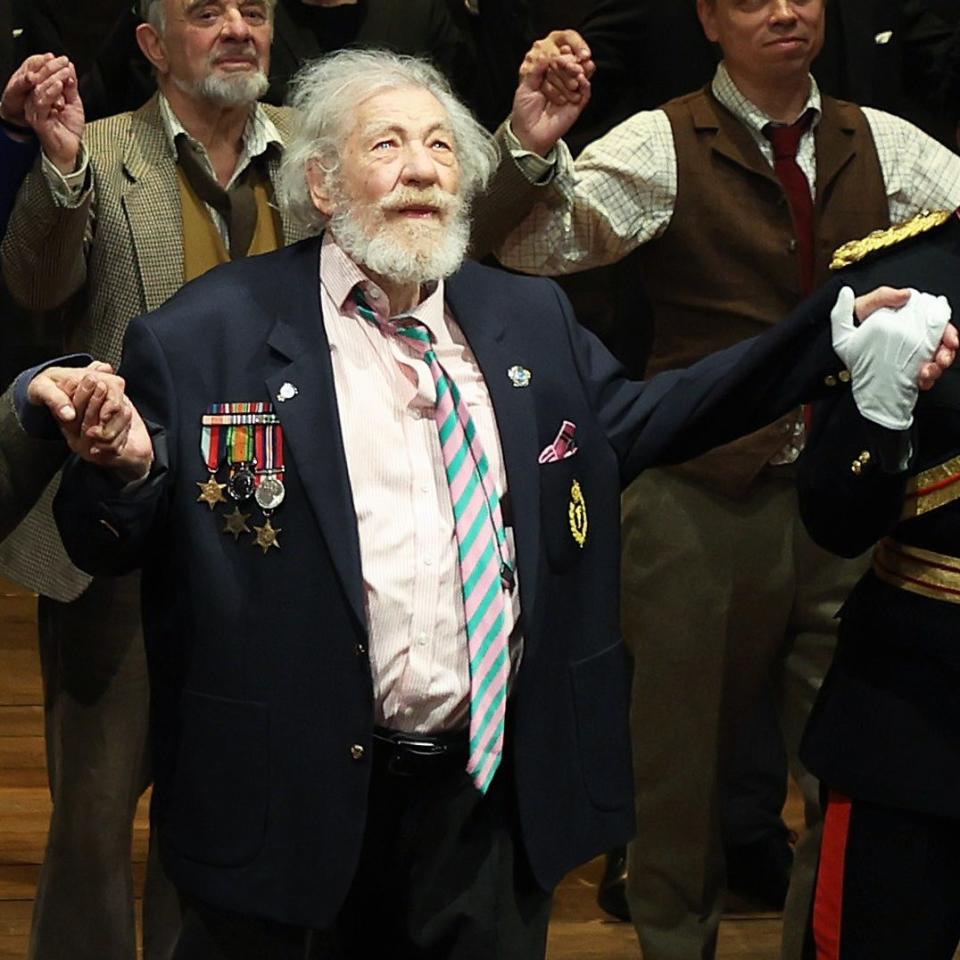 Sir Ian McKellen bows at the curtain call during the press night performance of "Player Kings" at the Noel Coward Theatre on April 11, 2024 in London, England