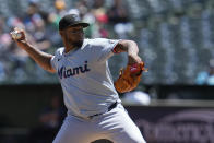 Miami Marlins pitcher Sixto Sánchez throws to an Oakland Athletics batter during the first inning of a baseball game Sunday, May 5, 2024, in Oakland, Calif. (AP Photo/Godofredo A. Vásquez)