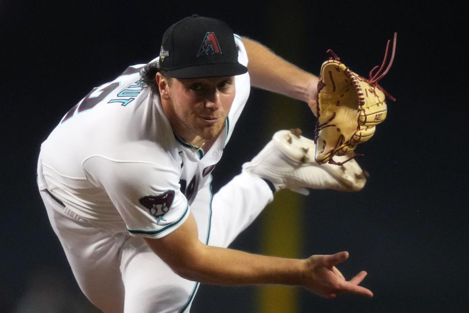 Arizona Diamondbacks starting pitcher Brandon Pfaadt (32) throws a pitch against the Philadelphia Phillies during the sixth inning in game three of the NLCS of the 2023 MLB playoffs at Chase Field in Phoenix on Oct. 19, 2023.