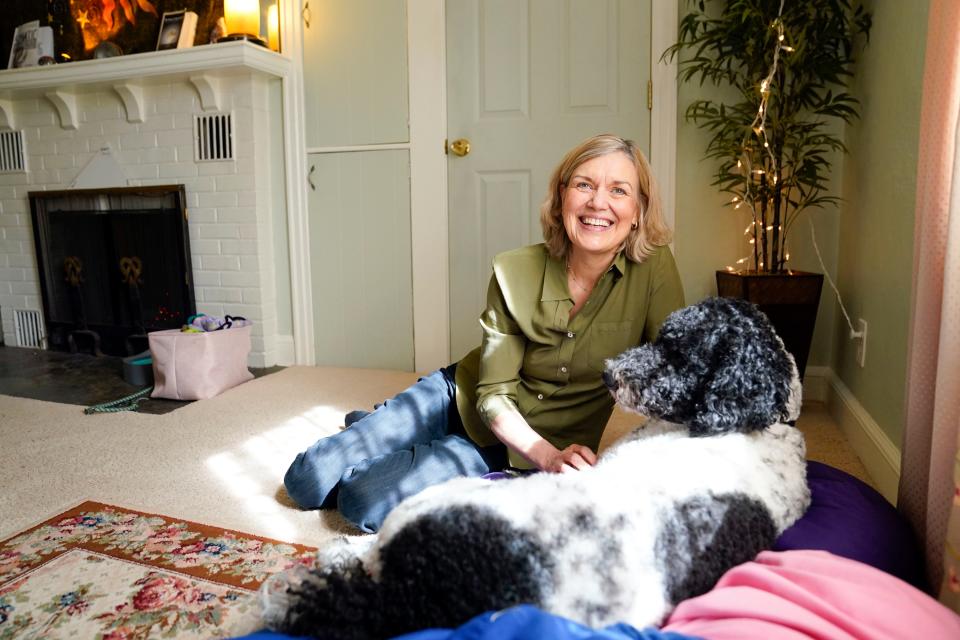 Beth Haessig, a licensed psychologist based in Denville, has been practicing ketamine-assisted psychotherapy since 2021. Haessig is photographed in her office with her dog Maya, a certified therapy dog, on Wednesday April 12, 2023.