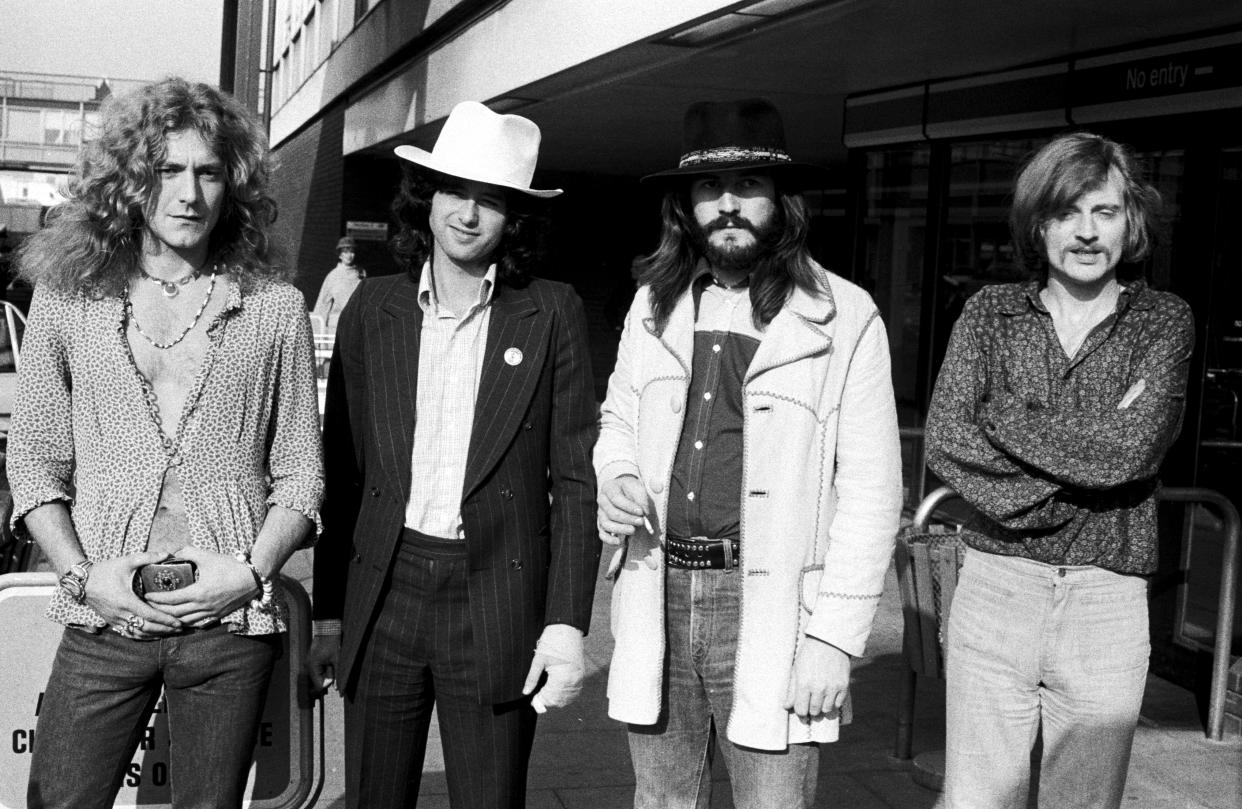 Group portrait of British rock band Led Zeppelin on June 05, 1973. Left to right are singer Robert Plant, guitarist Jimmy Page, drummer John Bonham (1948 - 1980) and bassist John Paul Jones. (Photo by Michael Putland/Getty Images