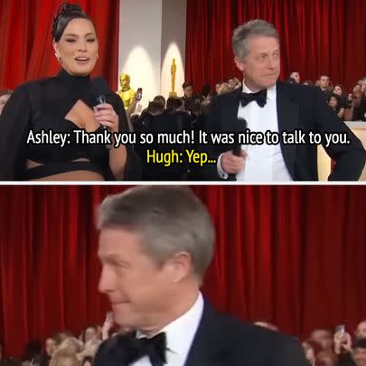 When Ashley Graham interviewed celebs for ABC's 2023 Oscars pre-show, Hugh Grant gave short, sarcastic answers then rolled his eyes when their conversation ended.