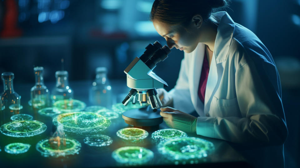 A microbiologist observing a petri dish of bacteria under a microscope.