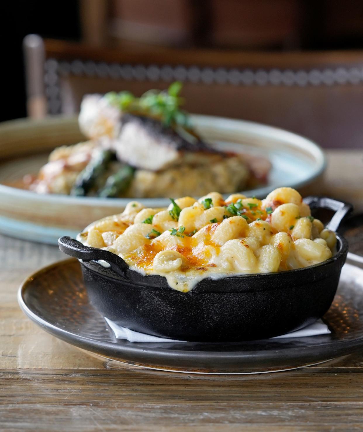 Macaroni and cheese accompanies blackened redfish served with shrimp etouffee, cheesy grits and charred asparagus.