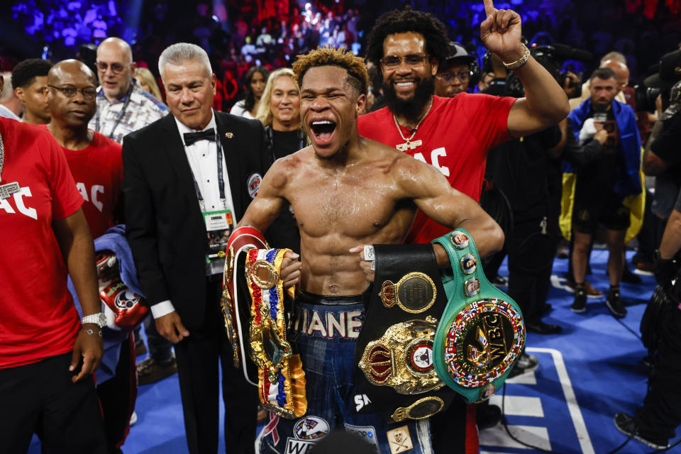 LAS VEGAS, NEVADA - MAY 20: Devin Haney celebrates after defeating Vasyl  Lomachenko of Ukraine during their Undisputed lightweight championship fight at MGM Grand Garden Arena on May 20, 2023 in Las Vegas, Nevada. (Photo by Sarah Stier/Getty Images)