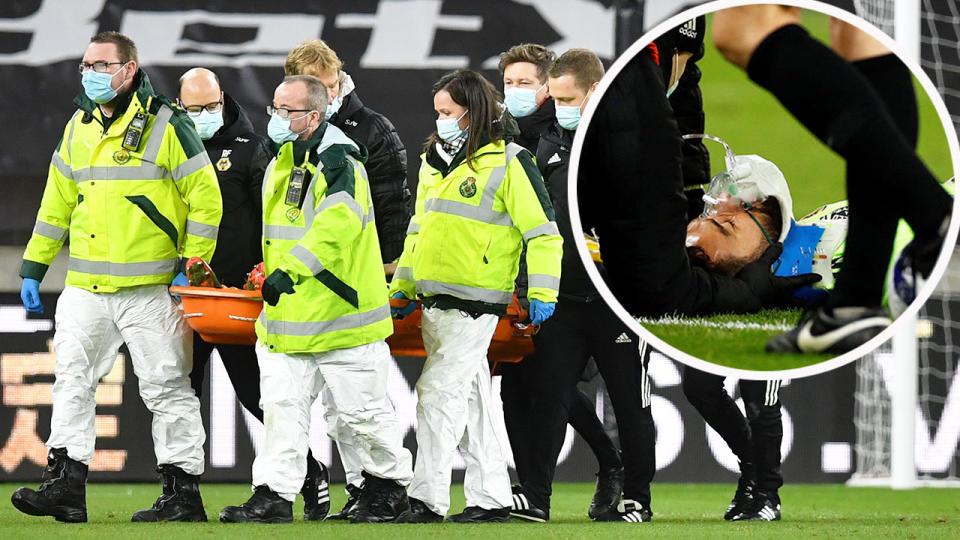 Pictured here, Rui Patricio was stretchered off being knocked out against Liverpool.