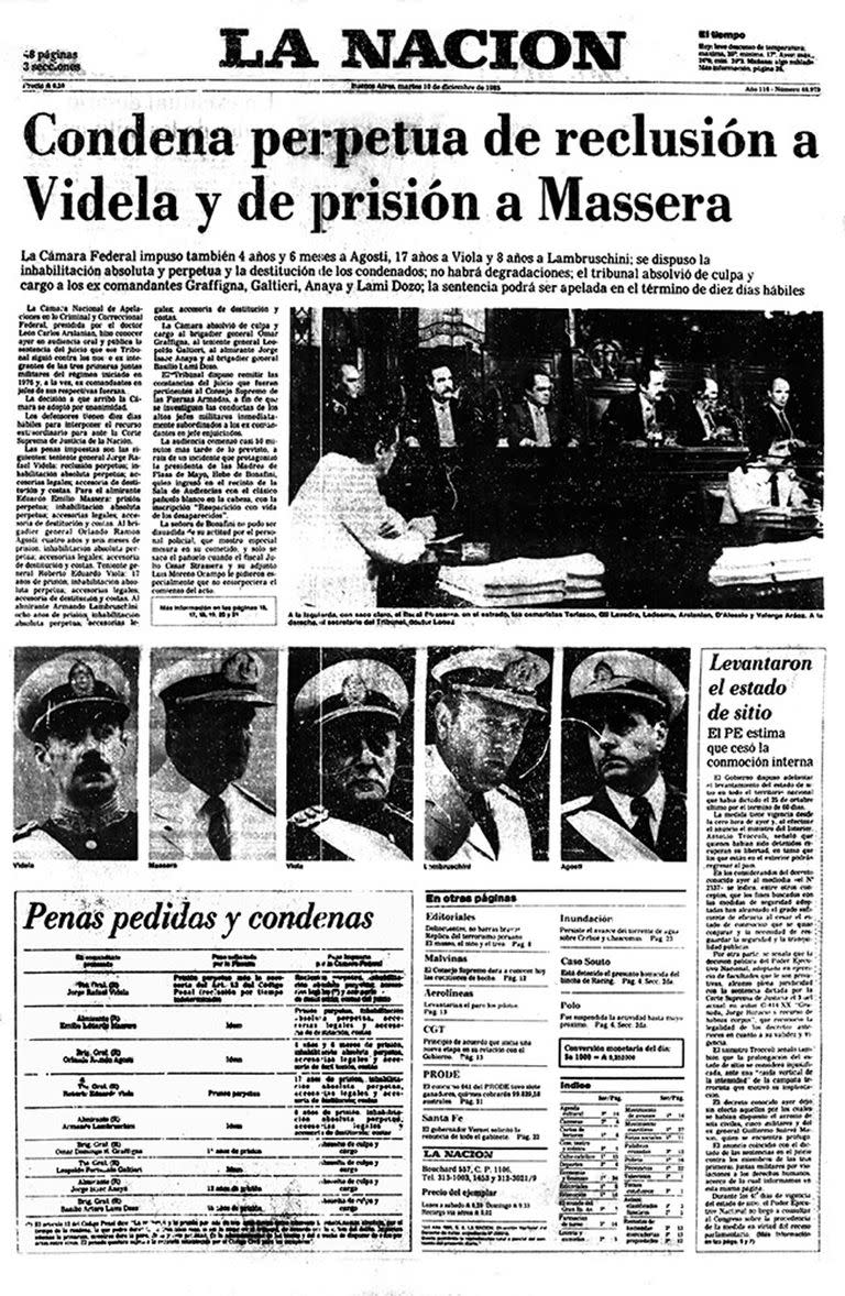 La tapa de LA NACION del 10 de diciembre de 1985