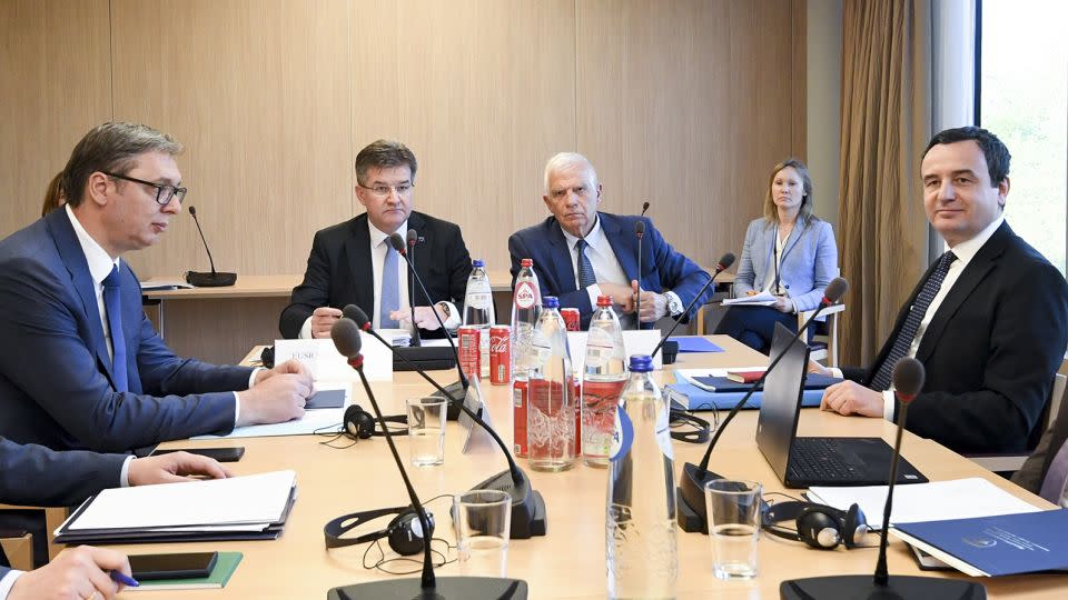 Serbia's Aleksandar Vucic, left, and Kosovo's Prime Minister Albin Kurti, right, at an EU-facilitated meeting in Brussels, Belgium, on May 2, 2023. - EU Council/Anadolu Agency/Getty Images