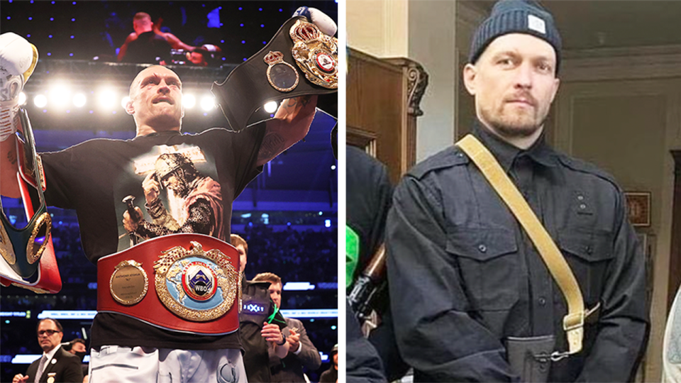 Boxer Oleksandr Usyk (pictured left) winning a boxing match and (pictured right) dressed in military gear.