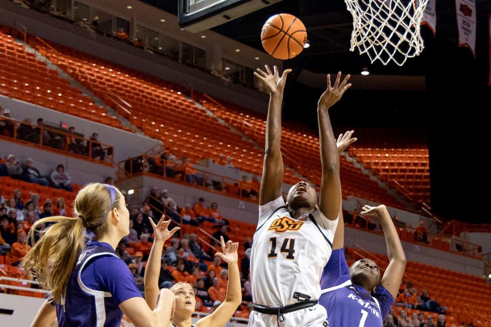 OSU junior Taylen Collins (14) had 16 points and eight rebounds as the Cowgirls defeated Kansas State 82-74 on Wednesday night.