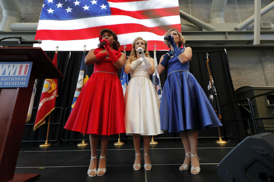 The Victory Belles sing the National Anthem as World War II veteran Lawrence Brooks celebrates his 110th birthday at the National World War II Museum in New Orleans, Thursday, Sept. 12, 2019. Brooks was born Sept. 12, 1909, and served in the predominantly African-American 91st Engineer Battalion, which was stationed in New Guinea and then the Philippines during World War II. He was a servant to three white officers in his battalion. (AP Photo/Gerald Herbert)