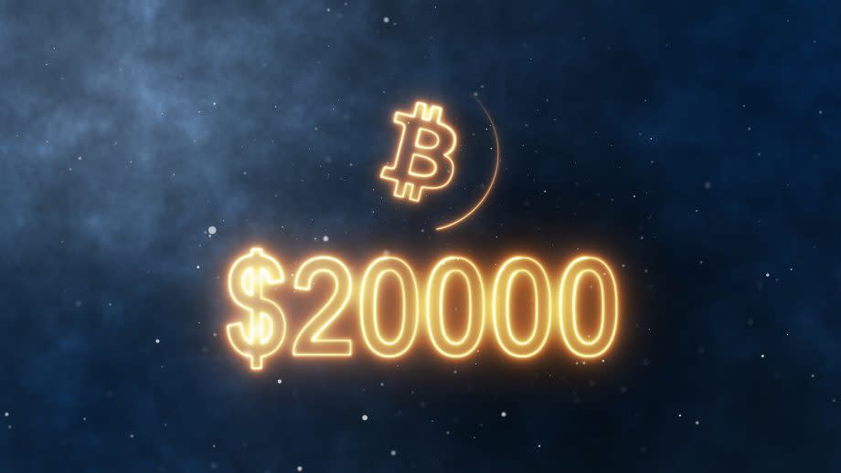 Bitcoin-Symbol, darunter der Schriftzug 20.000 US-Dollar