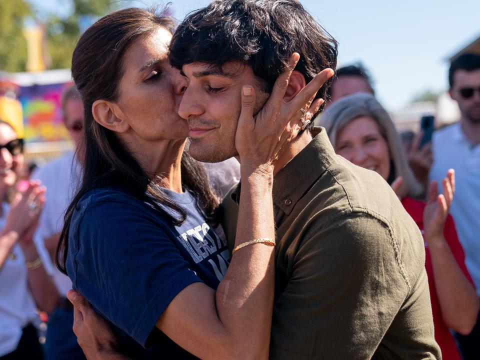 Nikki Haley kisses her son Nalin Haley on the cheek