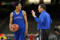 NEW ORLEANS, LA - MARCH 30: Kevin Young #40 talks with head coach Bill Self of the Kansas Jayhawks during practice prior to the 2012 Final Four of the NCAA Division I Men's Basketball Tournament at the Mercedes-Benz Superdome on March 30, 2012 in New Orleans, Louisiana. (Photo by Ronald Martinez/Getty Images)