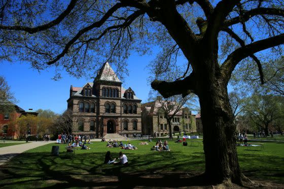 Sayles Hall on the campus of Brown University in Providence is pictured on April 25, 2019. <span class="copyright">Lane Turner—The Boston Globe via Getty Images</span>