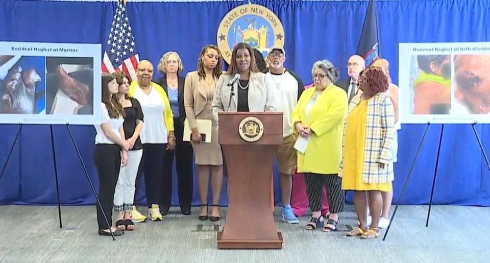 New York State Attorney General Tish James announces a lawsuit against a group of nursing homes on Wednesday, June 29, 2023.