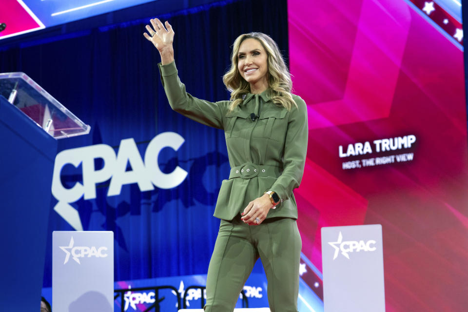 FILE - Lara Trump waves to the crowd before she speaks during the Conservative Political Action Conference, CPAC 2024, at the National Harbor in Oxon Hill, Md., Thursday, Feb. 22, 2024. (AP Photo/Jose Luis Magana, File)