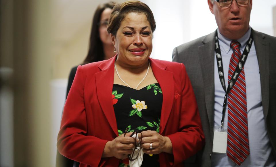 Chelan Lasha cries as she returns to the courtroom on Wednesday. (Photo: Pool via Getty Images)