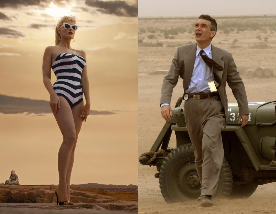 This combination of images shows Margot Robbie in a scene from "Barbie," left, and Cillian Murphy in a scene from "Oppenheimer." (Warner Bros Pictures/Universal Pictures via AP)