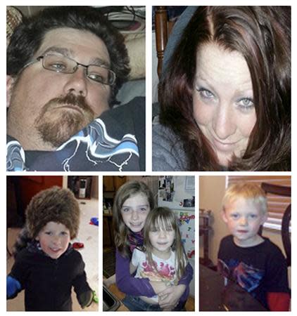 A combination photo shows (clockwise from top left) James Glanton, 34, Christina McIntee, 25, Tate McIntee, Chloe Glanton, Shelby Fitzpatrick and Evan Glanton from the Pershing County Sheriff's Office handout photos released on December 10, 2013. REUTERS/Pershing County Sheriff's Office/Handout