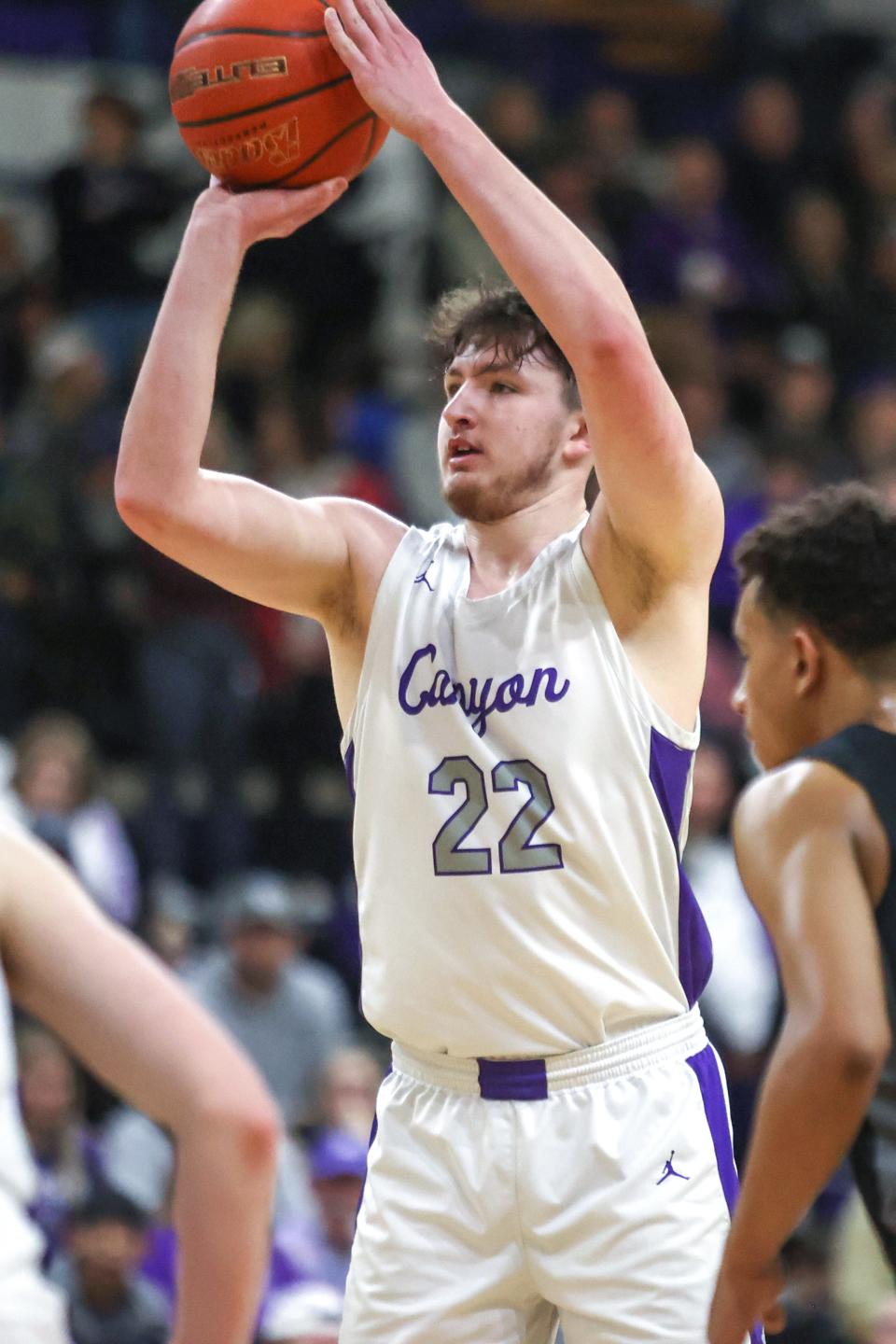 Canyon’s Chris Bryant (22) attempts a free throw in a District 4-4A game against Randall, Tuesday, January 31, 2023, at Canyon High School, Canyon, Tx.  Canyon won 62-47.