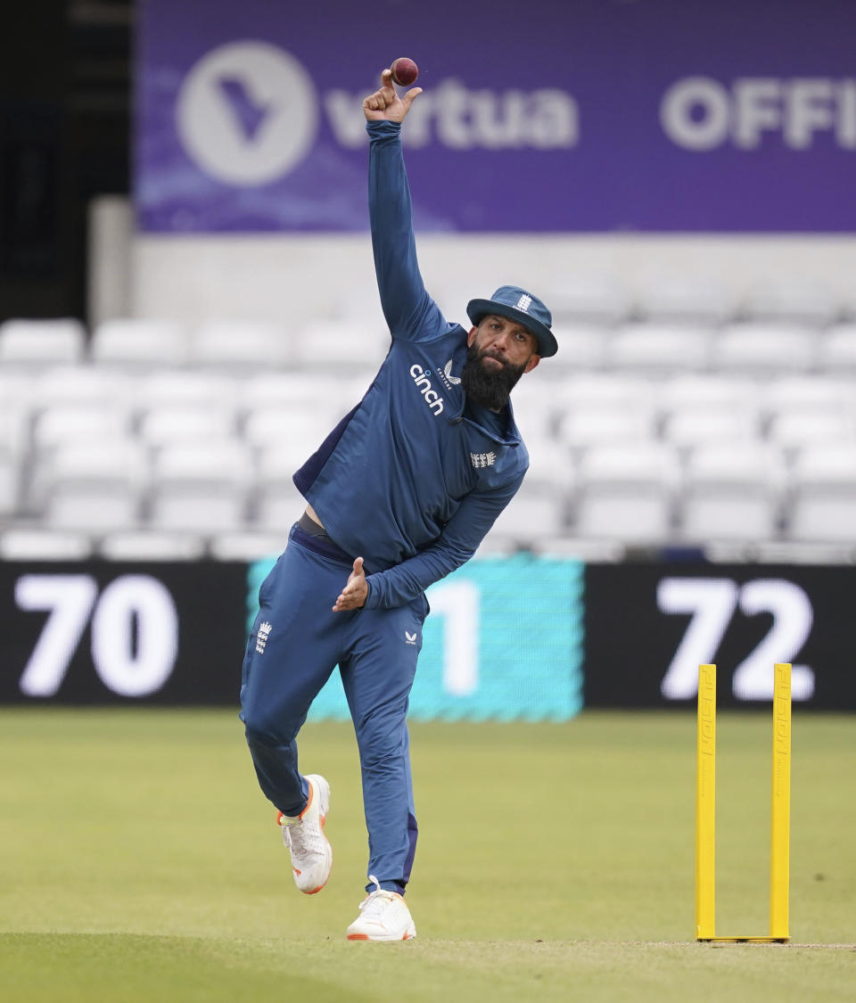 Britain's Moeen Ali during a nets session at Headingley, Leeds, England, Wednesday, July 5, 2023. (Martin Rickett/PA via AP)