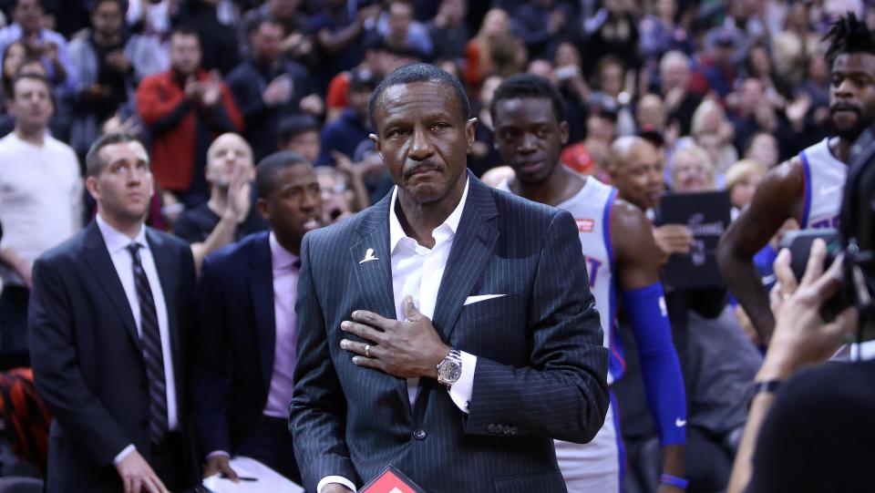 TORONTO, ON - NOVEMBER 14:  Head Coach Dwane Casey of the Detroit Pistons acknowledges the crowd during an NBA game against the Toronto Raptors at Scotiabank Arena on November 14, 2018 in Toronto, Canada.  NOTE TO USER: User expressly acknowledges and agrees that, by downloading and or using this photograph, User is consenting to the terms and conditions of the Getty Images License Agreement.  (Photo by Vaughn Ridley/Getty Images)