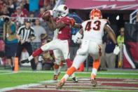 Arizona Cardinals wide receiver John Brown (12) catches a touchdown pass against Cincinnati Bengals strong safety George Iloka (43) during the third quarter at University of Phoenix Stadium. The Cardinals defeated the Bengals 34-31. Mandatory Credit: Kyle Terada-USA TODAY Sports